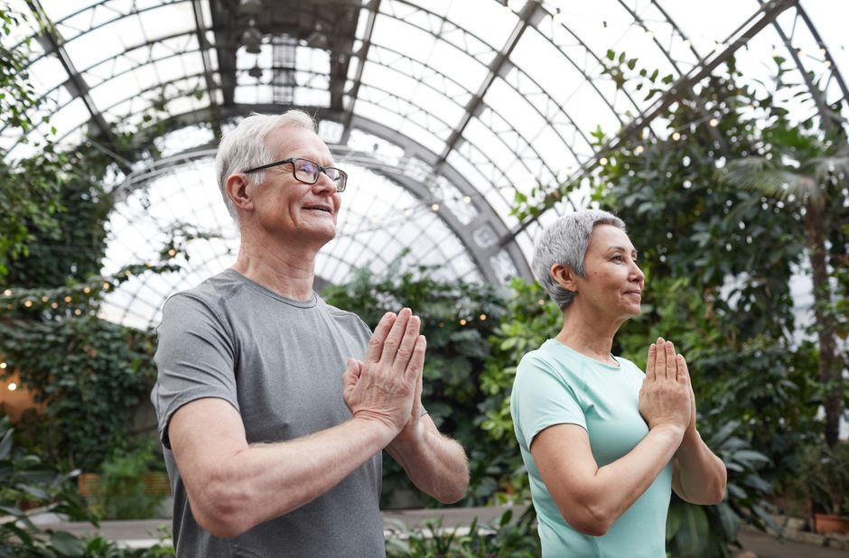 Senior couple enjoying a yoga session indoors, promoting harmony and healthy lifestyle